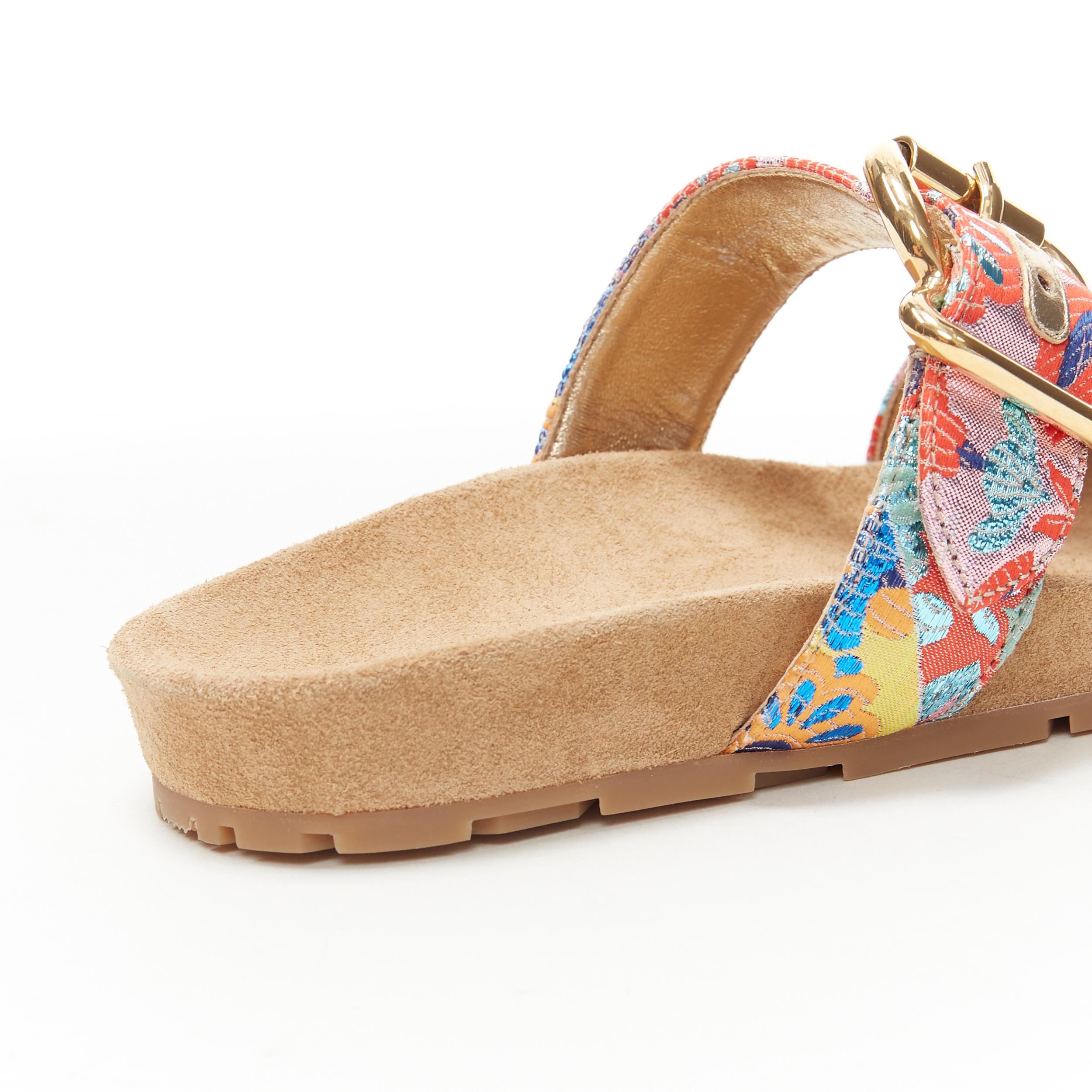 new PRADA patchwork floral jacquard gold buckle strap suede slides sandal EU38 5