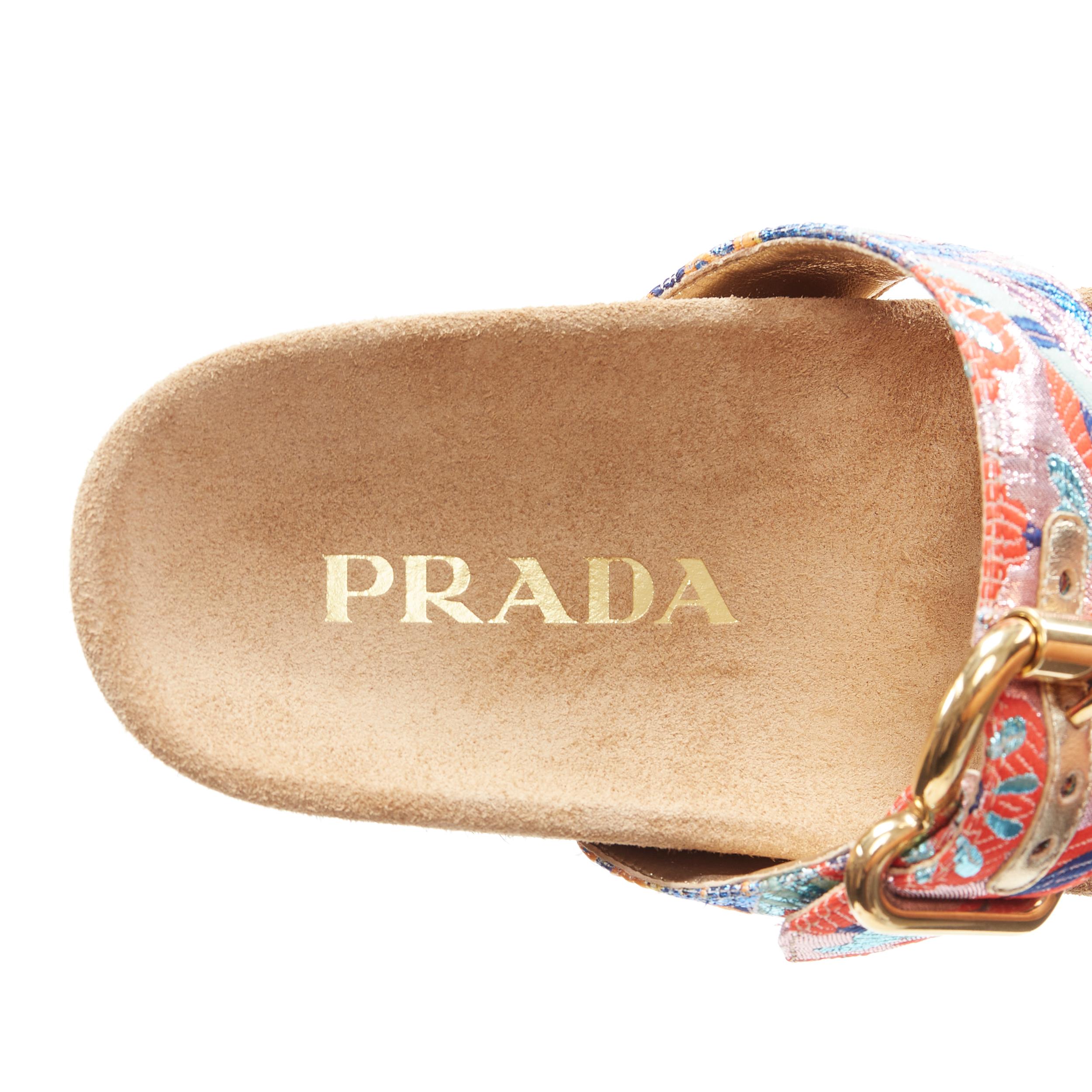 new PRADA patchwork floral jacquard gold buckle strap suede slides sandal EU38 6