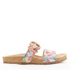 new PRADA patchwork floral jacquard gold buckle strap suede slides sandal EU38