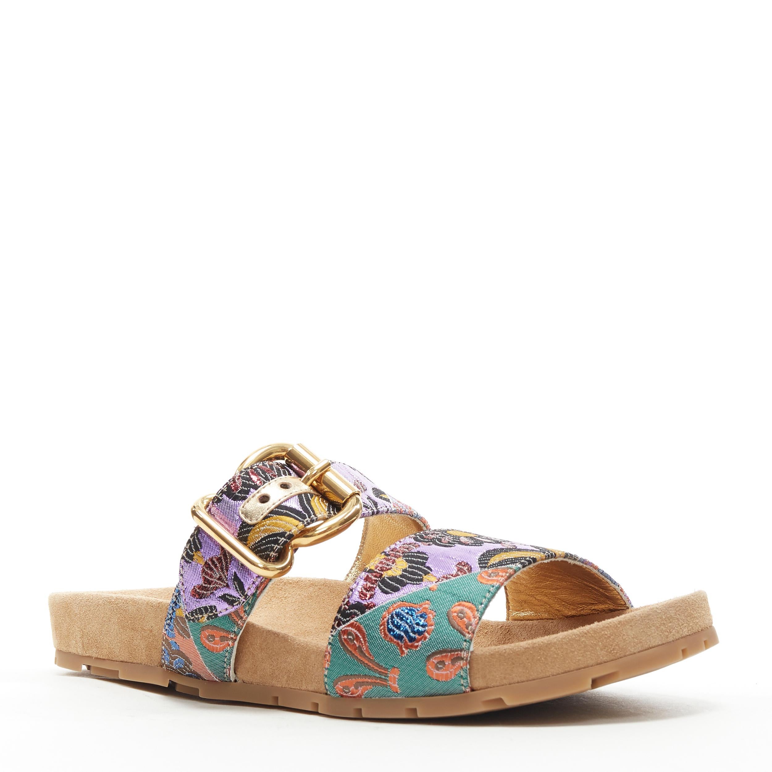 Gold new PRADA patchwork floral jacquard gold buckle strap suede slides sandal EU38