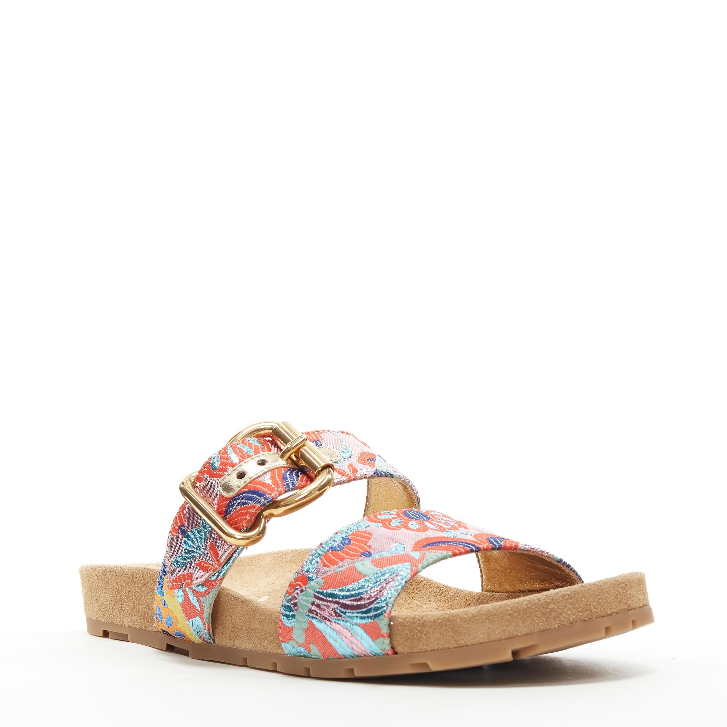 Gold new PRADA patchwork floral jacquard gold buckle strap suede slides sandal EU38