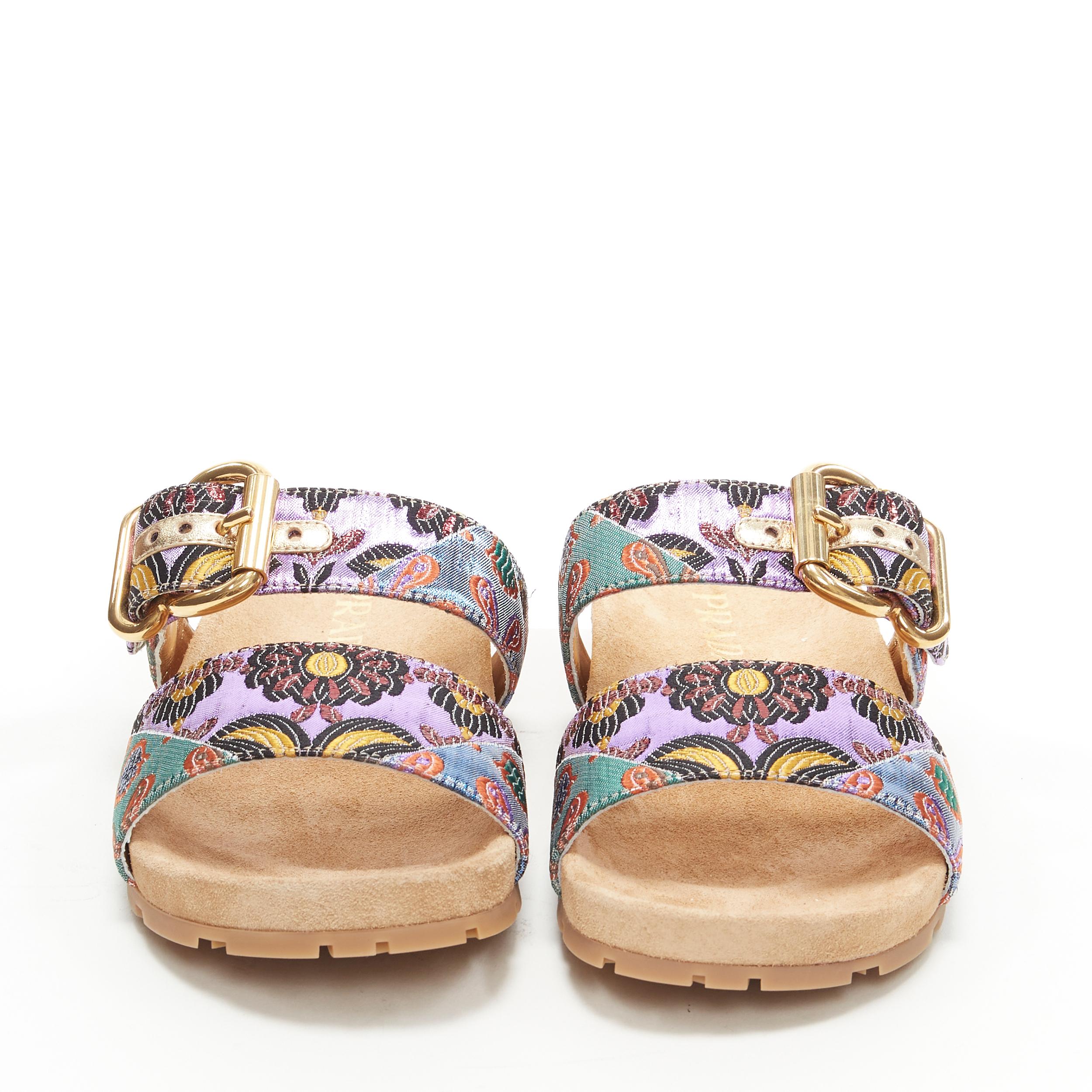 new PRADA patchwork floral jacquard gold buckle strap suede slides sandal EU38 In New Condition In Hong Kong, NT
