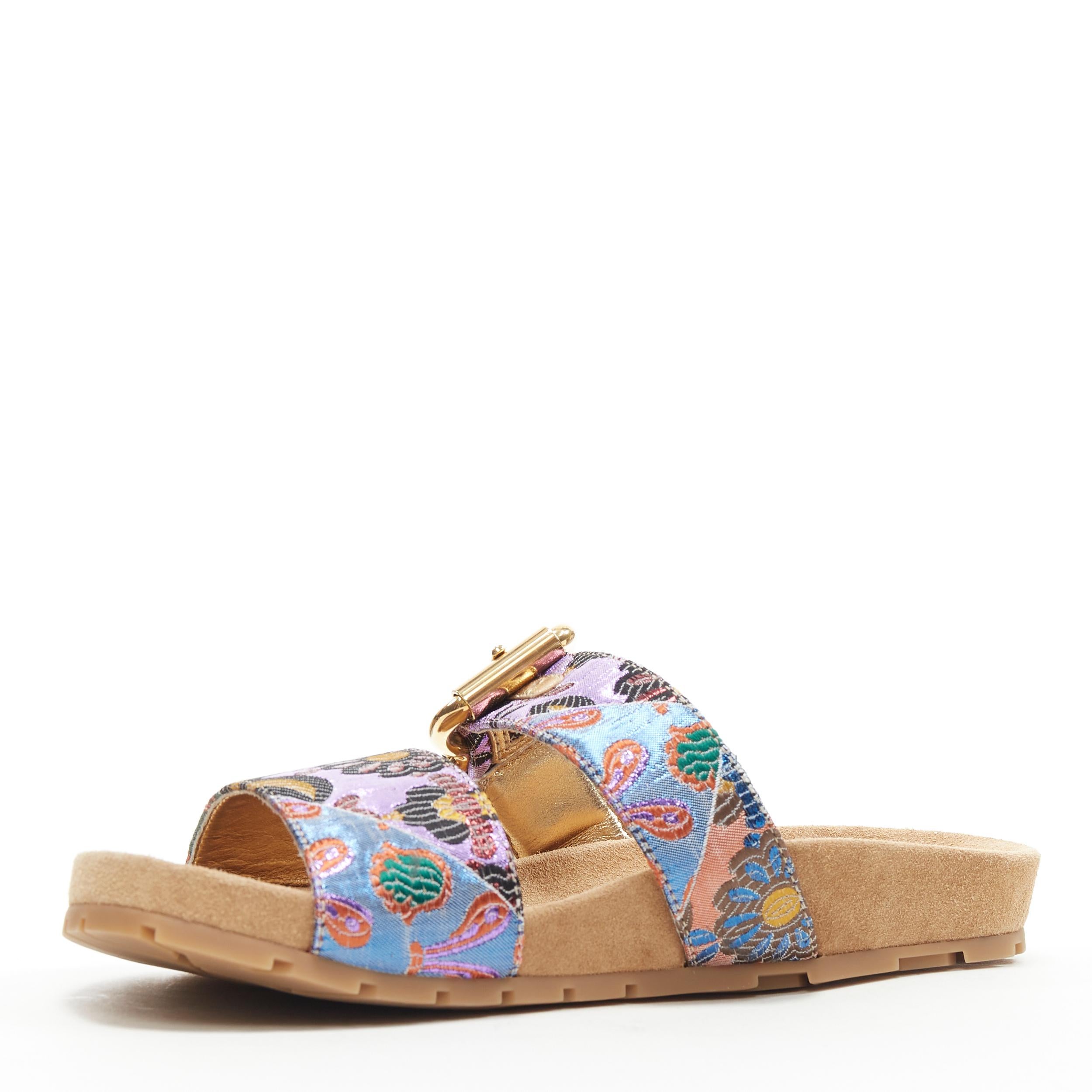 Women's new PRADA patchwork floral jacquard gold buckle strap suede slides sandal EU38