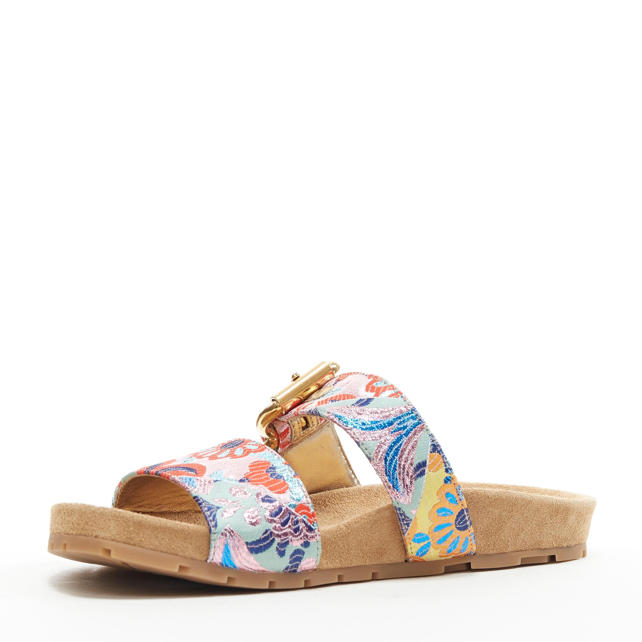 Women's new PRADA patchwork floral jacquard gold buckle strap suede slides sandal EU38