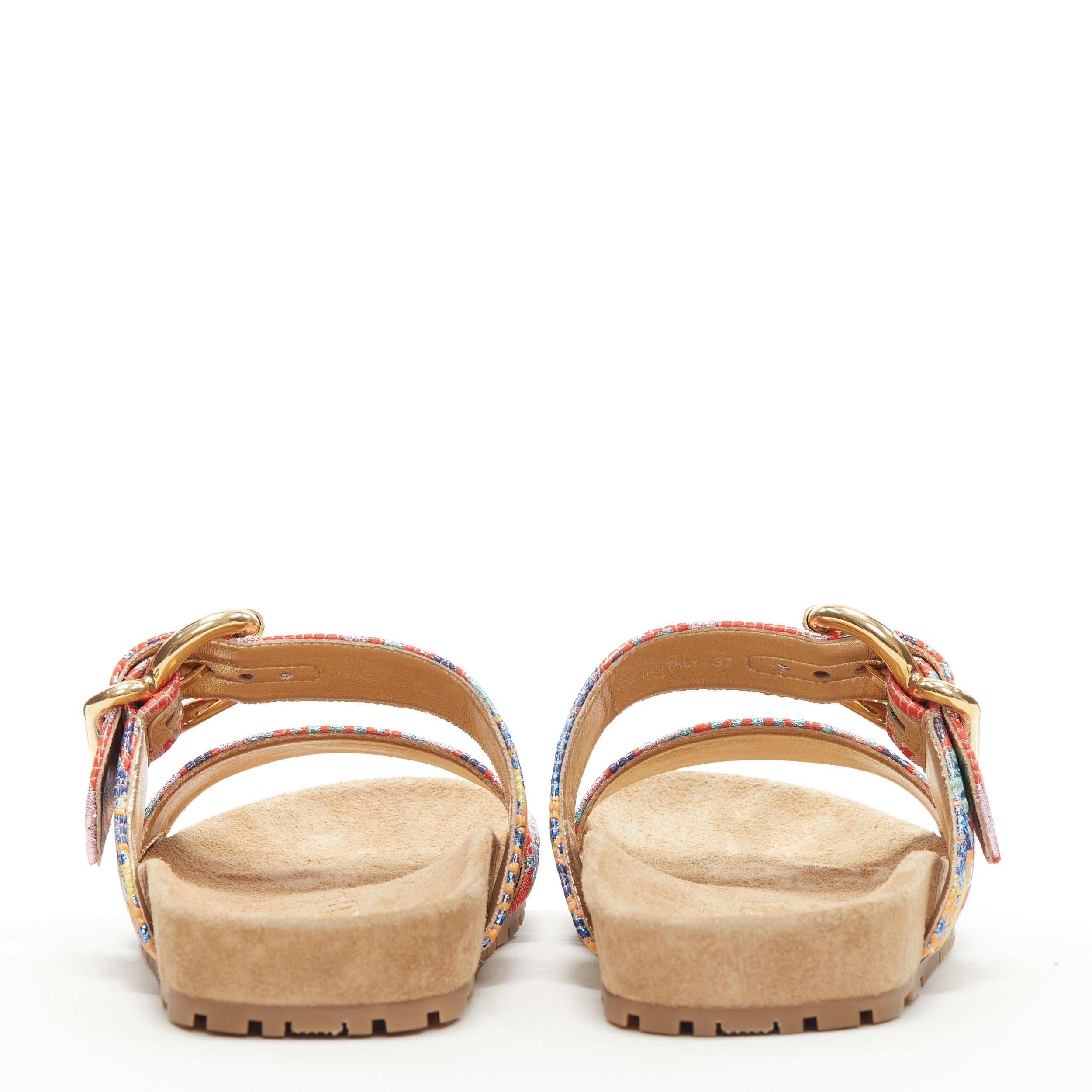 new PRADA patchwork floral jacquard gold buckle strap suede slides sandal EU38 1