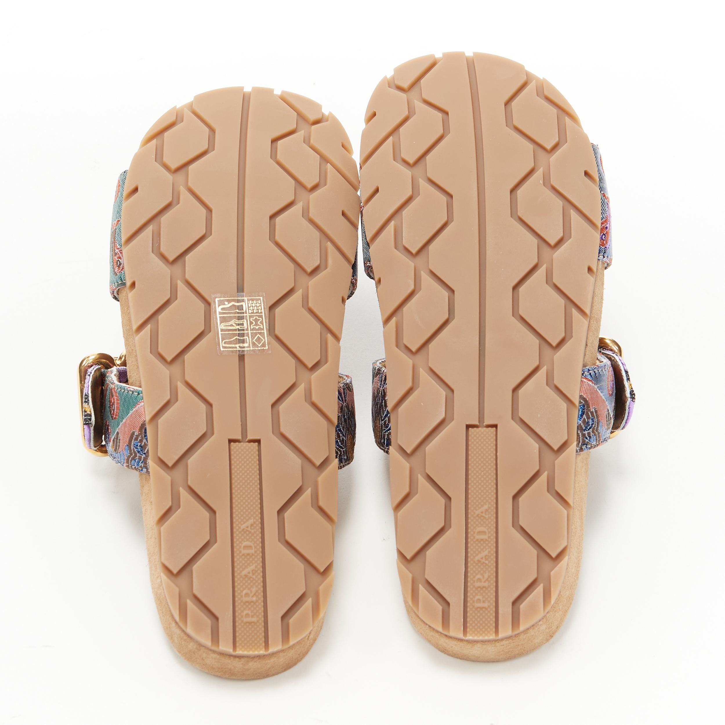 new PRADA patchwork floral jacquard gold buckle strap suede slides sandal EU38 2