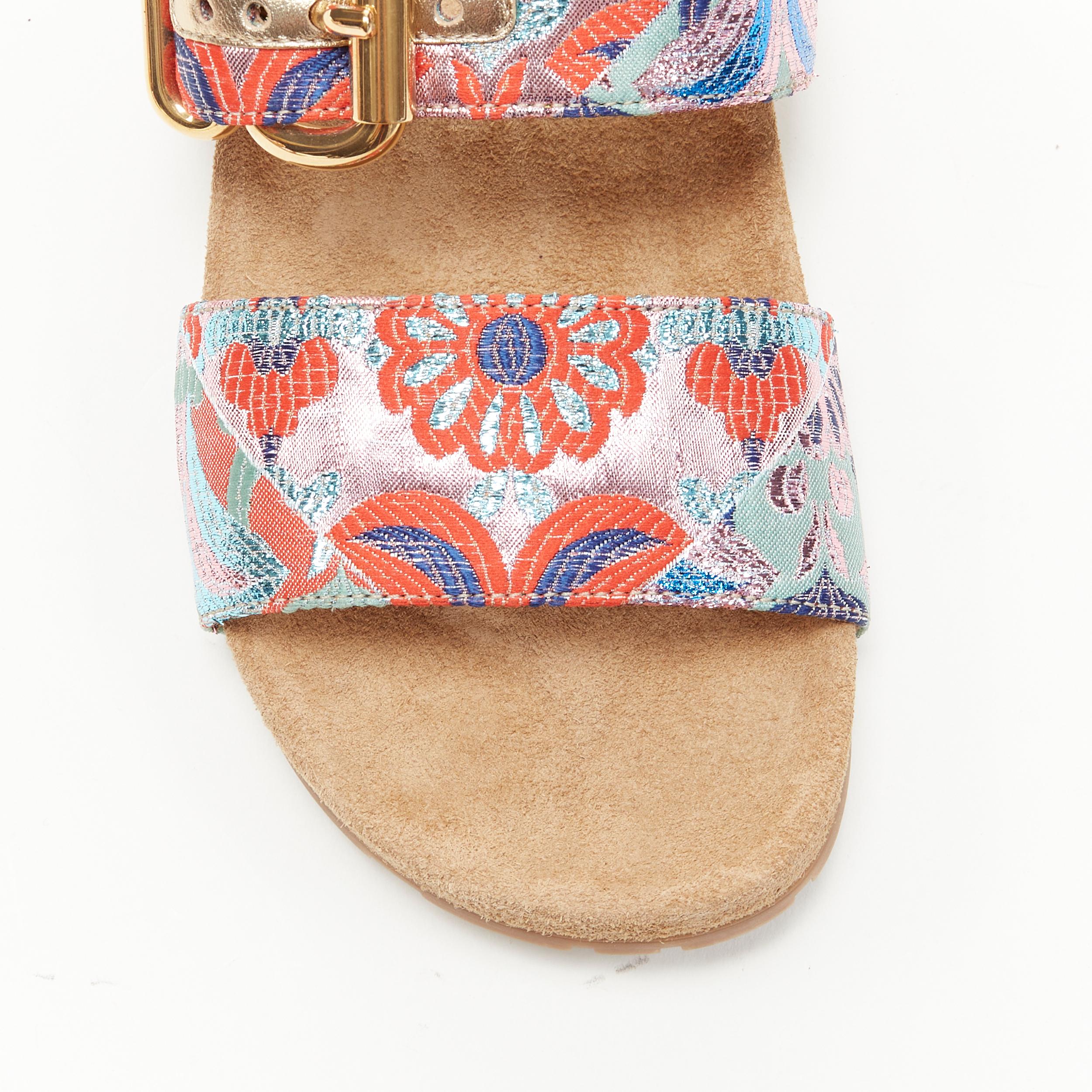new PRADA patchwork floral jacquard gold buckle strap suede slides sandal EU38 3