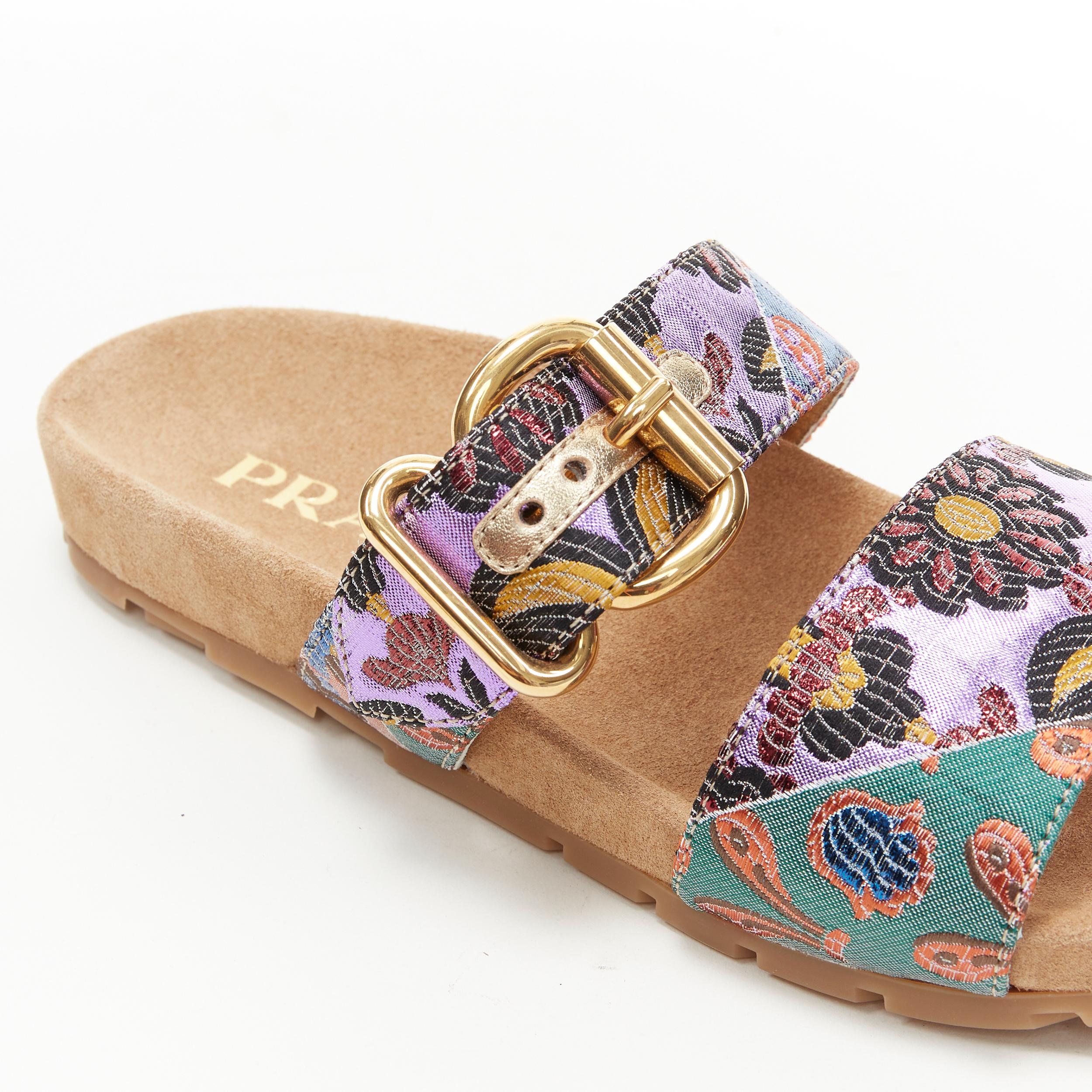 new PRADA patchwork floral jacquard gold buckle strap suede slides sandal EU38 4