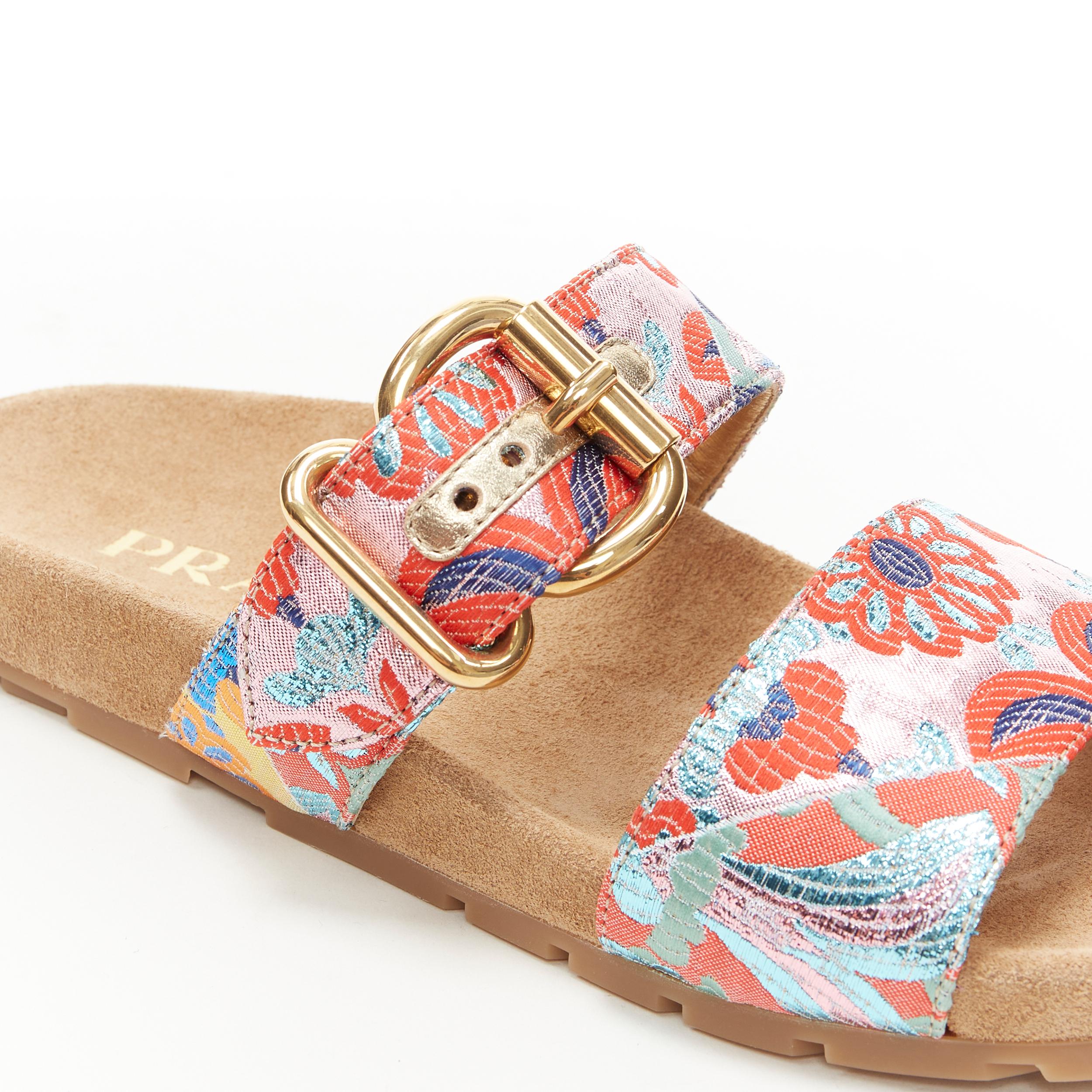 new PRADA patchwork floral jacquard gold buckle strap suede slides sandal EU38 4