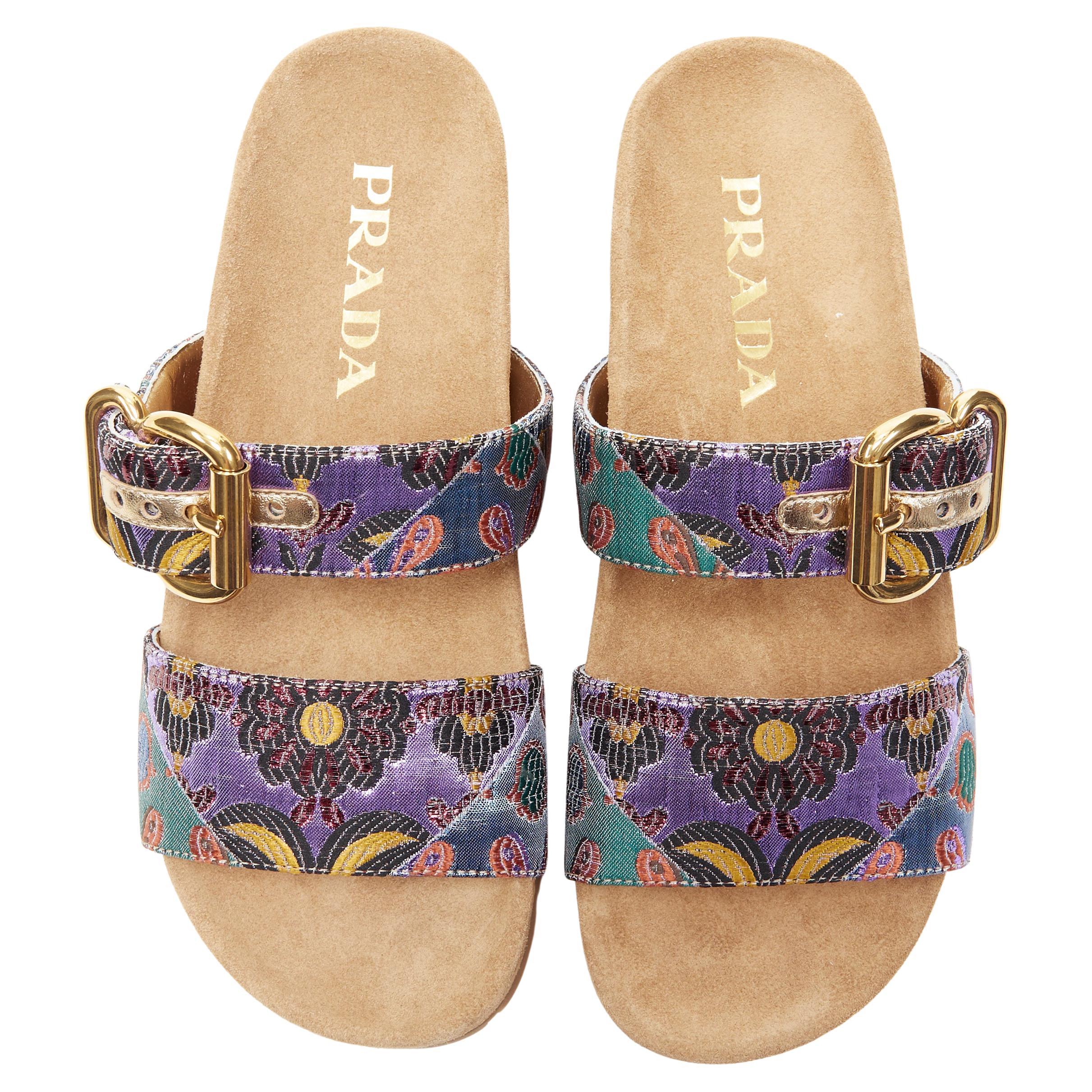 new PRADA patchwork floral jacquard gold buckle strap suede slides sandal EU38.5