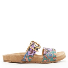 new PRADA patchwork floral jacquard gold buckle strap suede slides sandal EU39