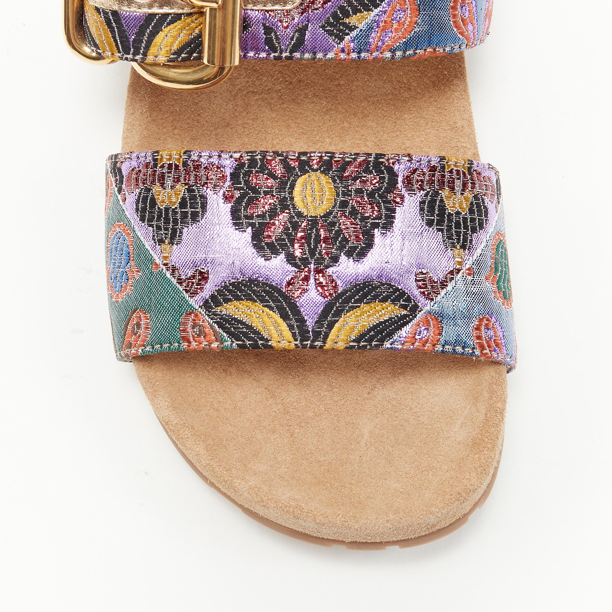 Women's new PRADA patchwork floral jacquard gold buckle strap suede slides sandal EU39