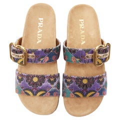 new PRADA patchwork floral jacquard gold buckle strap suede slides sandal EU39