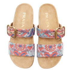 new PRADA patchwork floral jacquard gold buckle strap suede slides sandal EU40