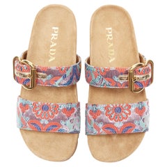 new PRADA patchwork floral jacquard gold buckle strap suede slides sandal EU40