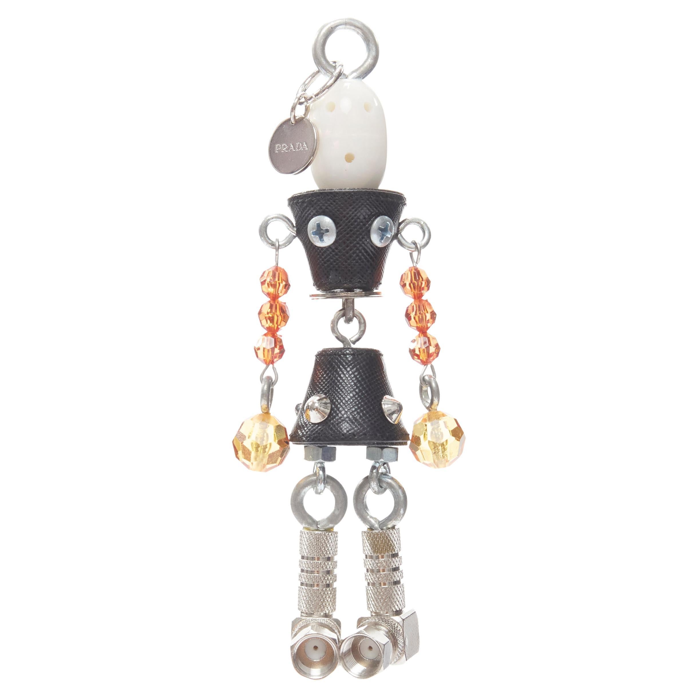 new PRADA pearl resin head beaded arms saffiano bolt hardware keychain bag charm For Sale
