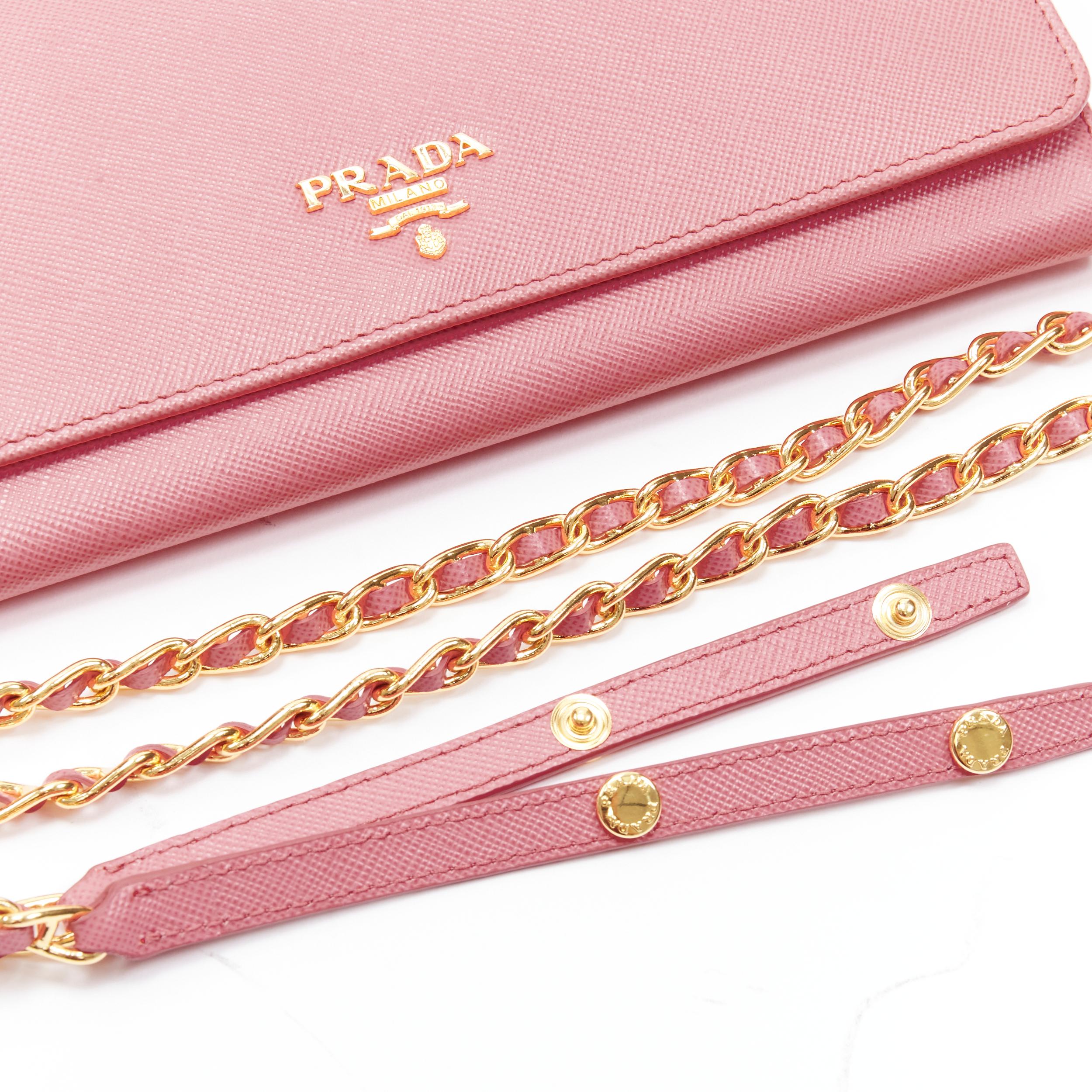 new PRADA pink saffiano gold logo flap wallet on chain clutch bag In New Condition In Hong Kong, NT
