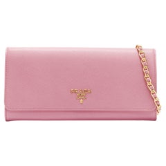 new PRADA pink saffiano gold logo flap wallet on chain clutch bag