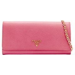 new PRADA pink saffiano leather gold logo flap crossbody chain long wallet bag