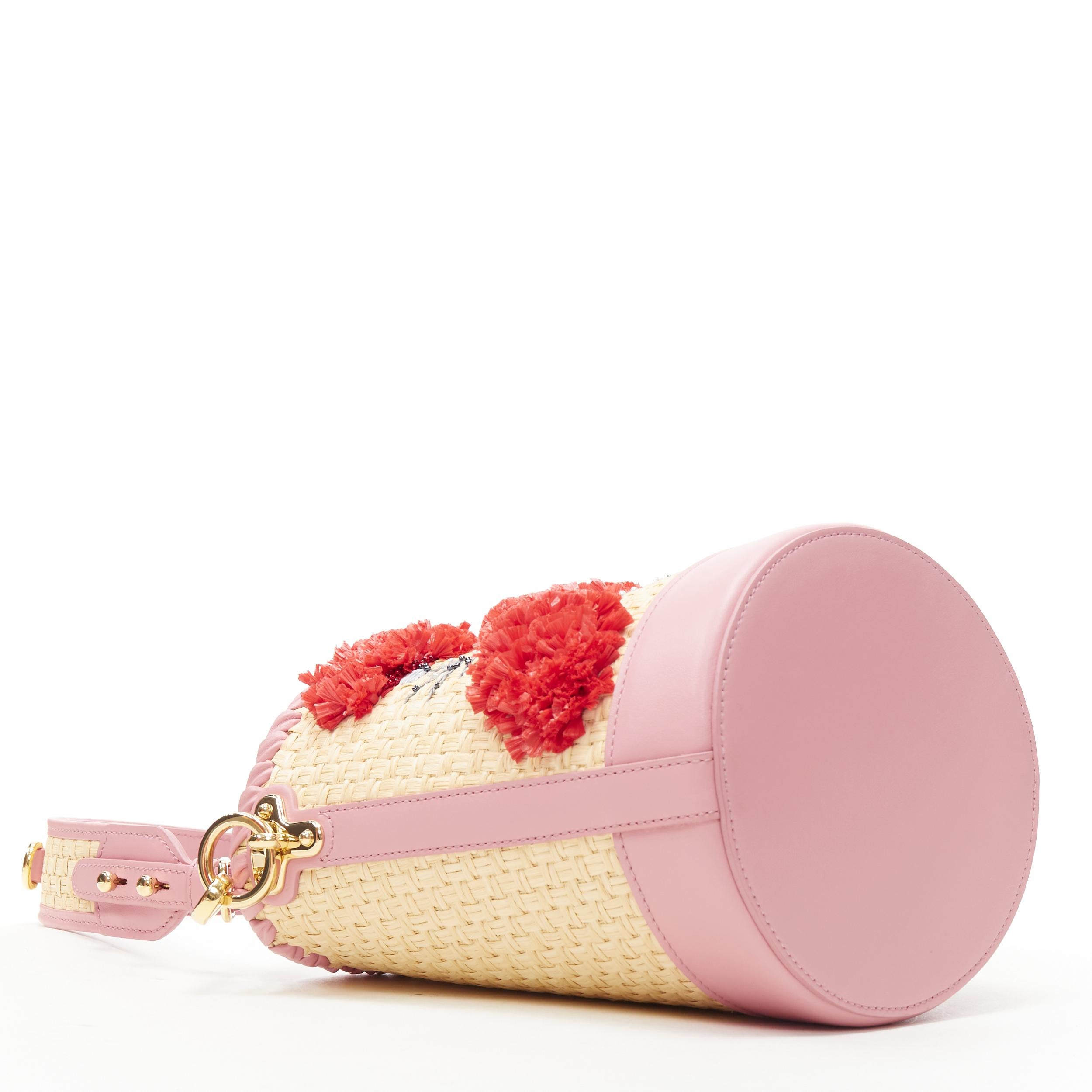 Beige new PRADA raffia woven 3D floral bead embellished pink leather bucket bag