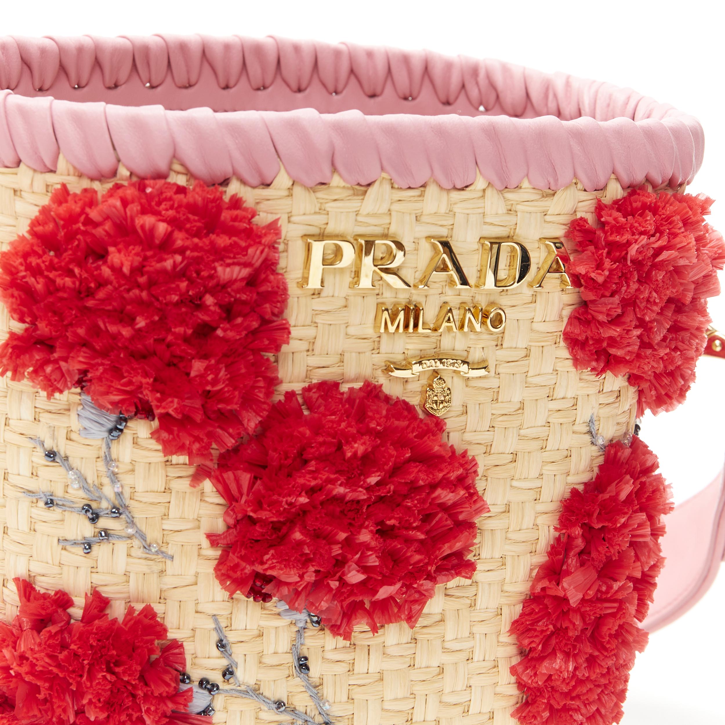 new PRADA raffia woven 3D floral bead embellished pink leather bucket bag In New Condition In Hong Kong, NT