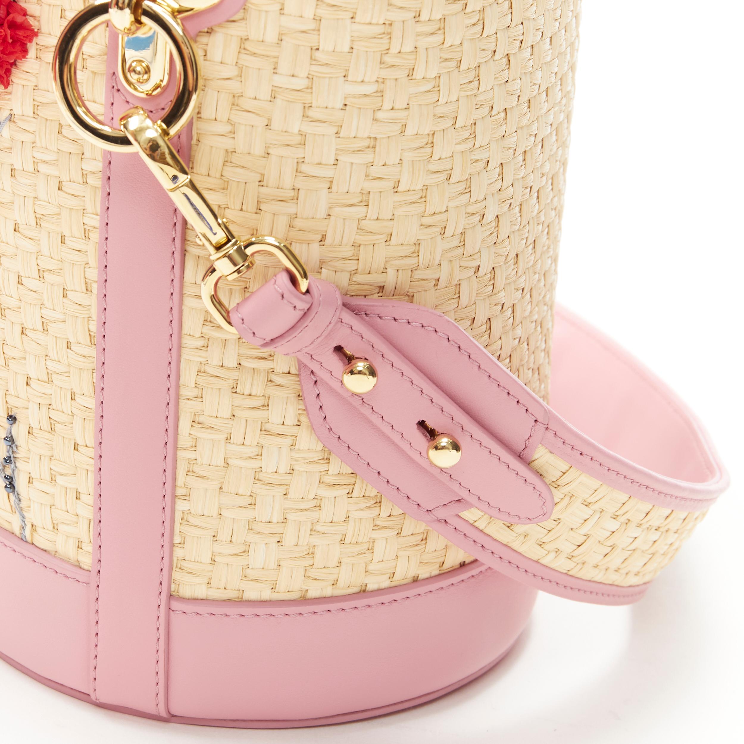 Women's new PRADA raffia woven 3D floral bead embellished pink leather bucket bag