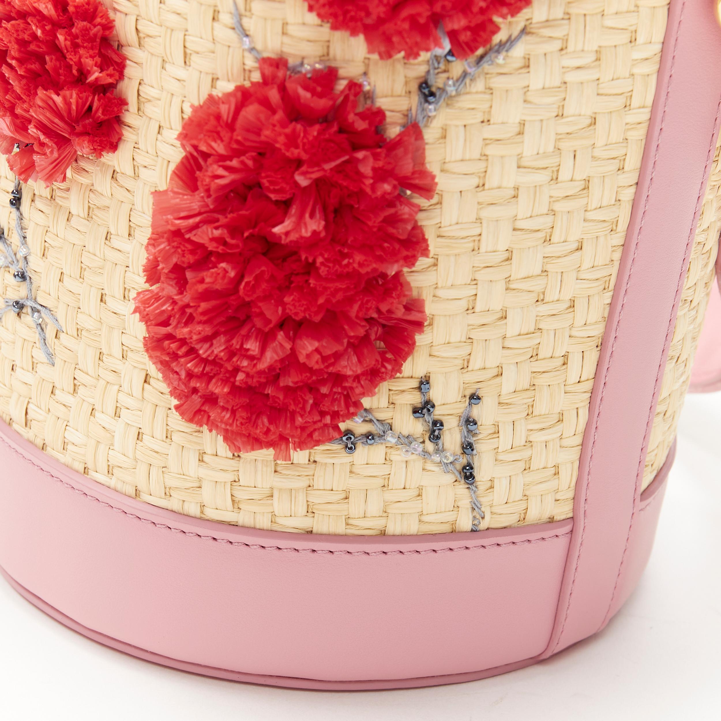 new PRADA raffia woven 3D floral bead embellished pink leather bucket bag 1