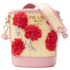 Prada Women's Bag Pink Raffia Woven Bucket Bag Brown Leather Trim purse  Logo