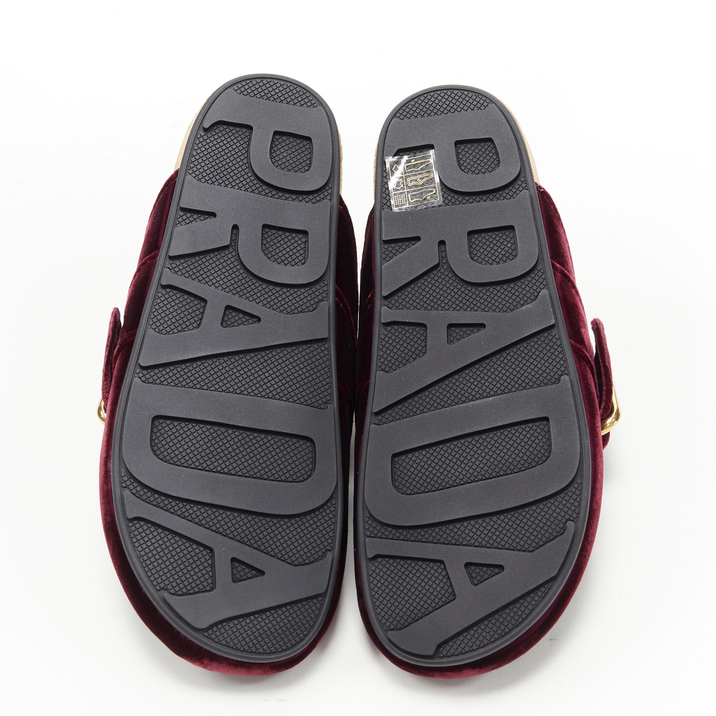 Black new PRADA rare burgundy red velvet gold buckle round toe slip on mule clog EU36