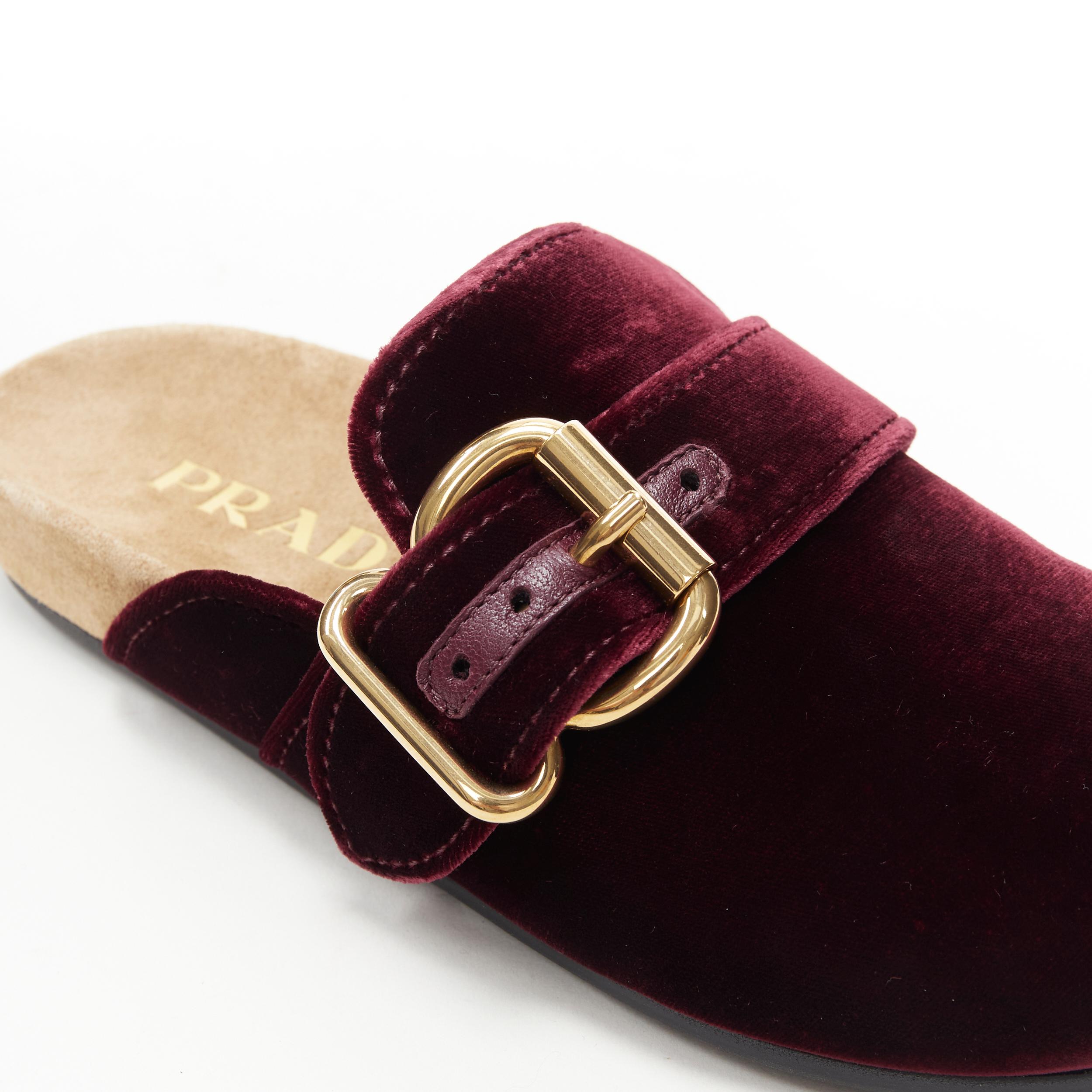 Women's new PRADA rare burgundy red velvet gold buckle round toe slip on mule clog EU36