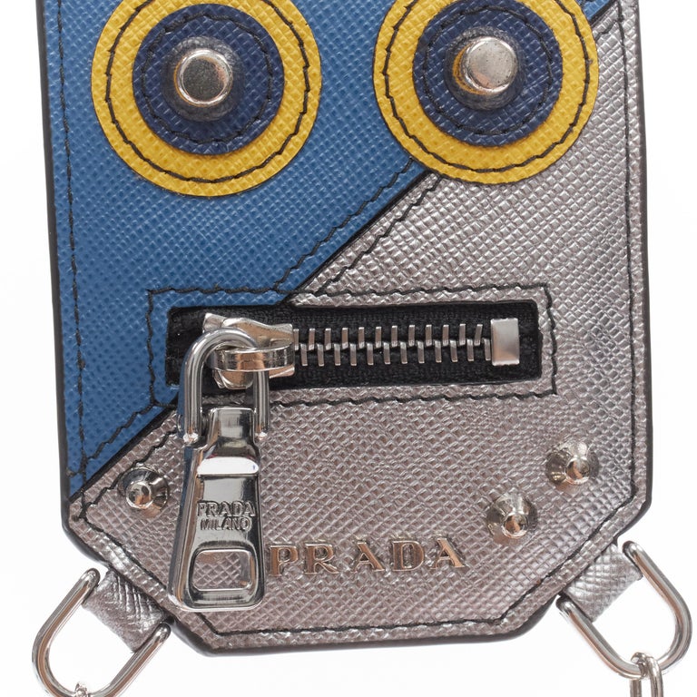 PRADA Saffiano Blue Heart Bag Charm Key Ring Keychain W/Box