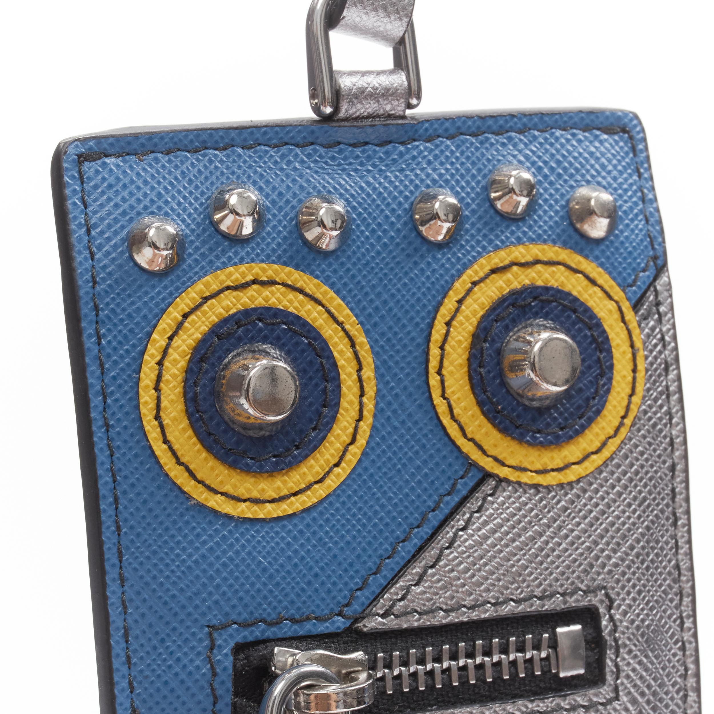Gray new PRADA Robot blue silver saffiano leather logo bolt pocket keyring bag charm