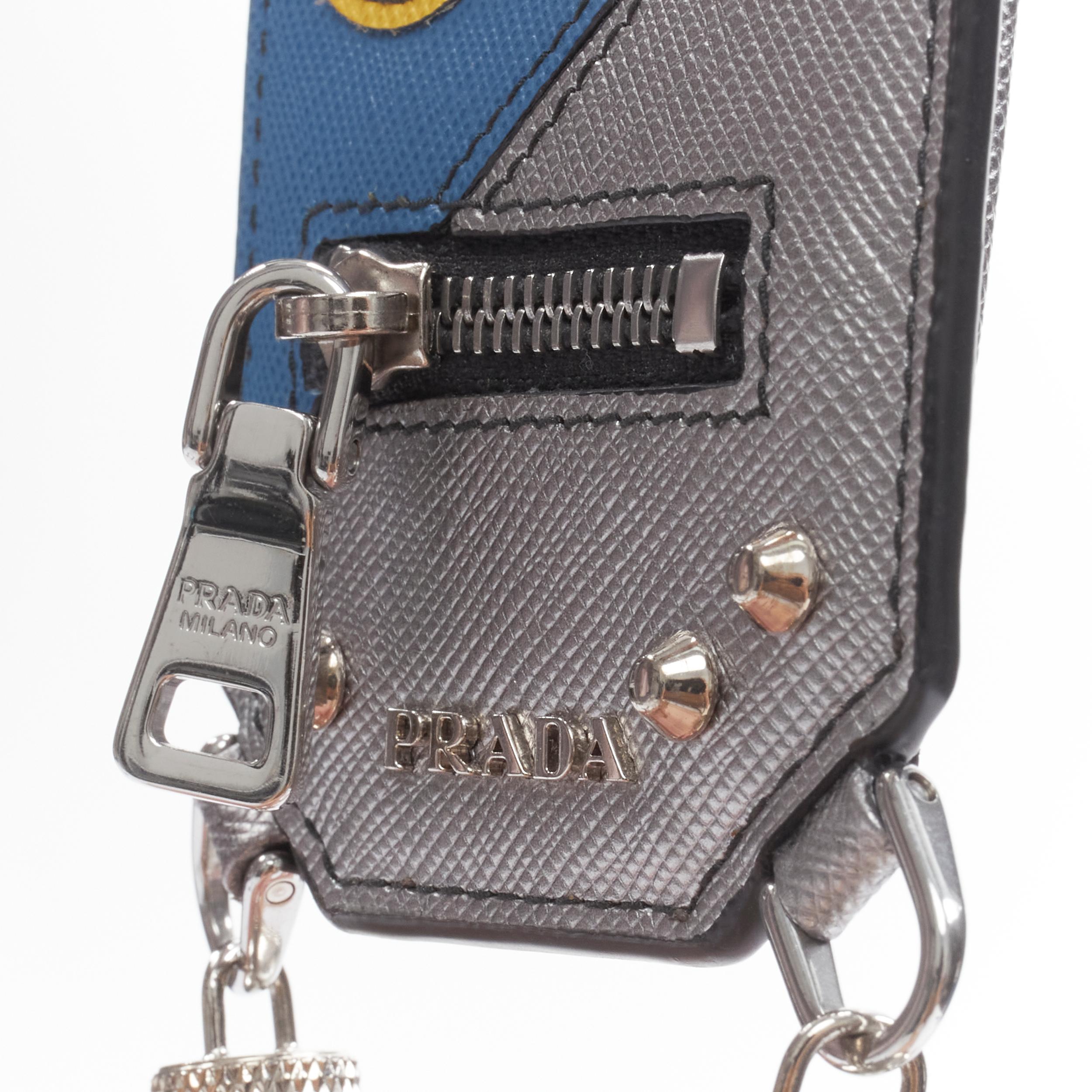 new PRADA Robot blue silver saffiano leather logo bolt pocket keyring bag charm In New Condition In Hong Kong, NT