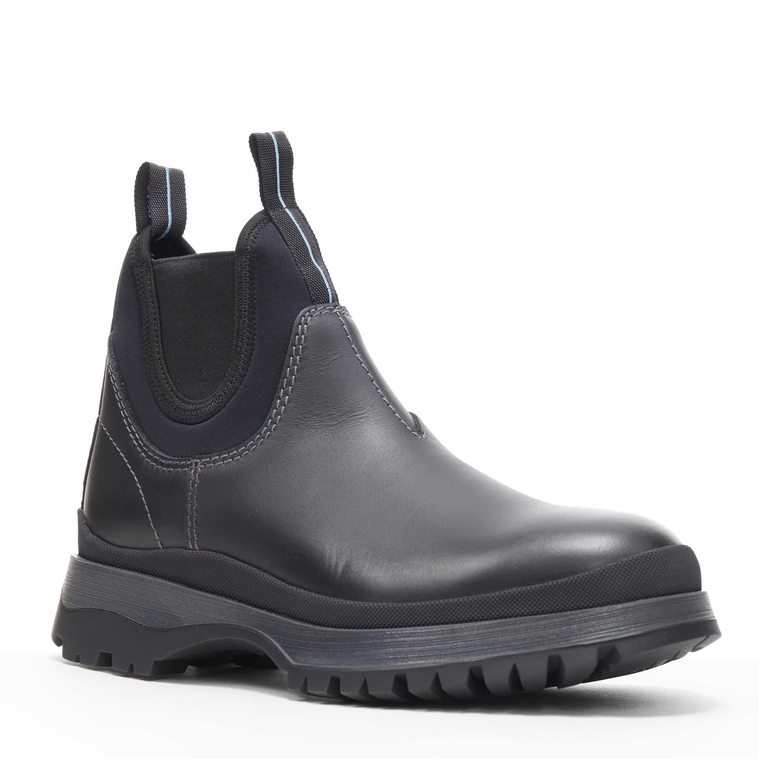 new PRADA Runway Brixxen black calf chunky triple sole ankle boots UK7.5 EU41.5
Brand: Prada
Designer: Miuccia Prada
Collection: Fall Winter 2018
Model Name / Style: Prada Brixxen
Material: Leather, neoprene
Color: Black
Pattern: Solid
Extra Detail: