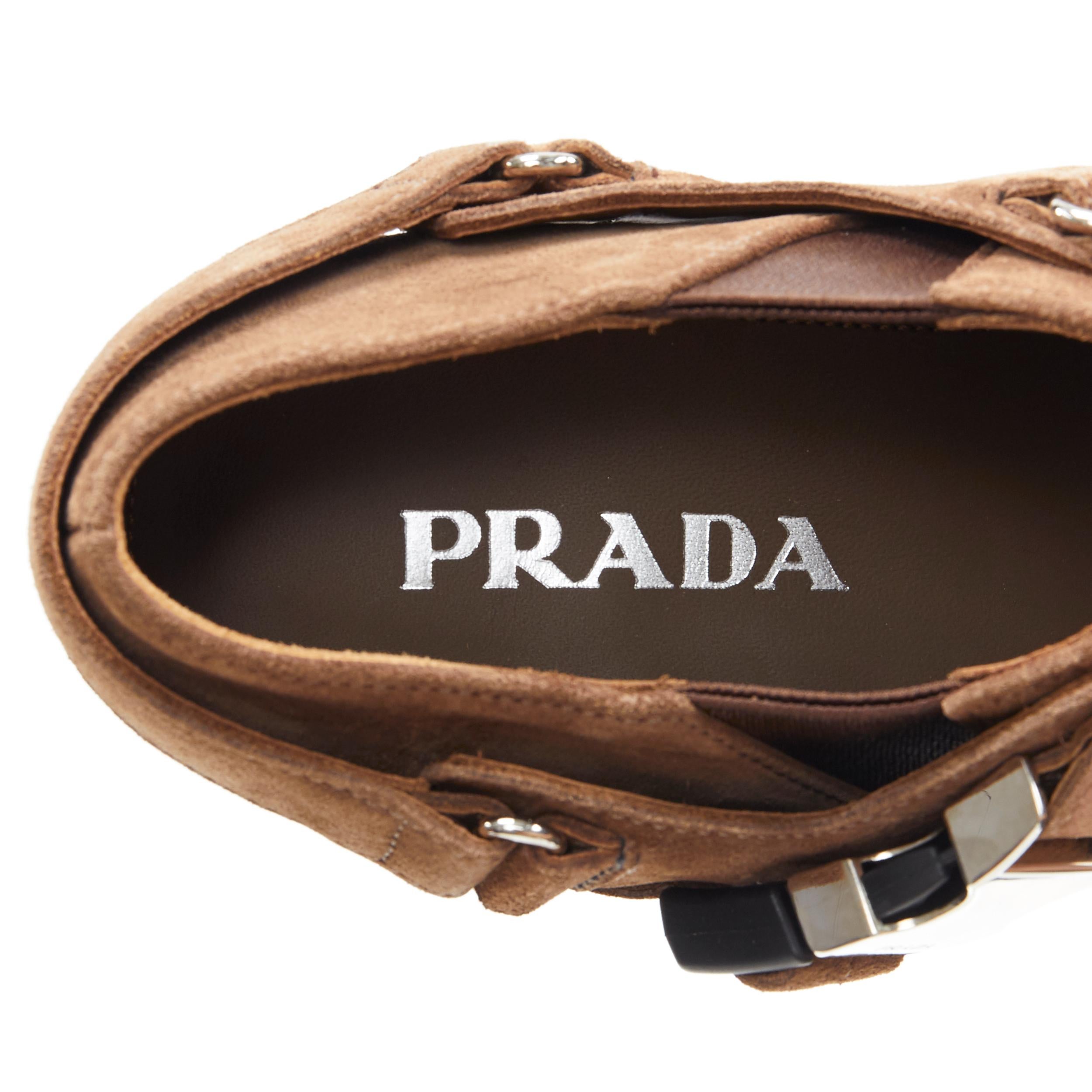 new PRADA Santiag brown suede logo buckle harness western brogue shoe EU36 5