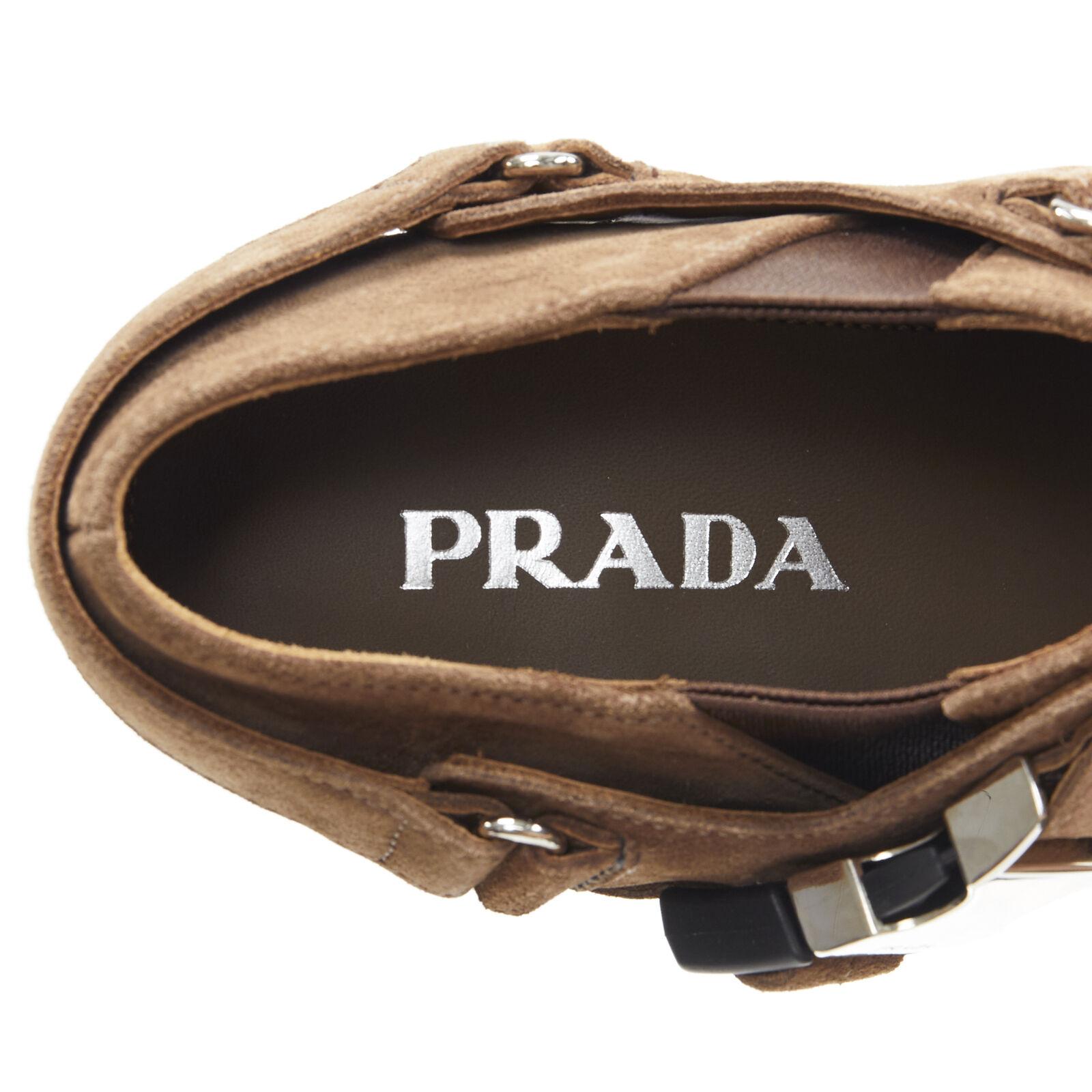 new PRADA Santiag brown suede logo buckle harness western brogue shoe EU36 For Sale 6