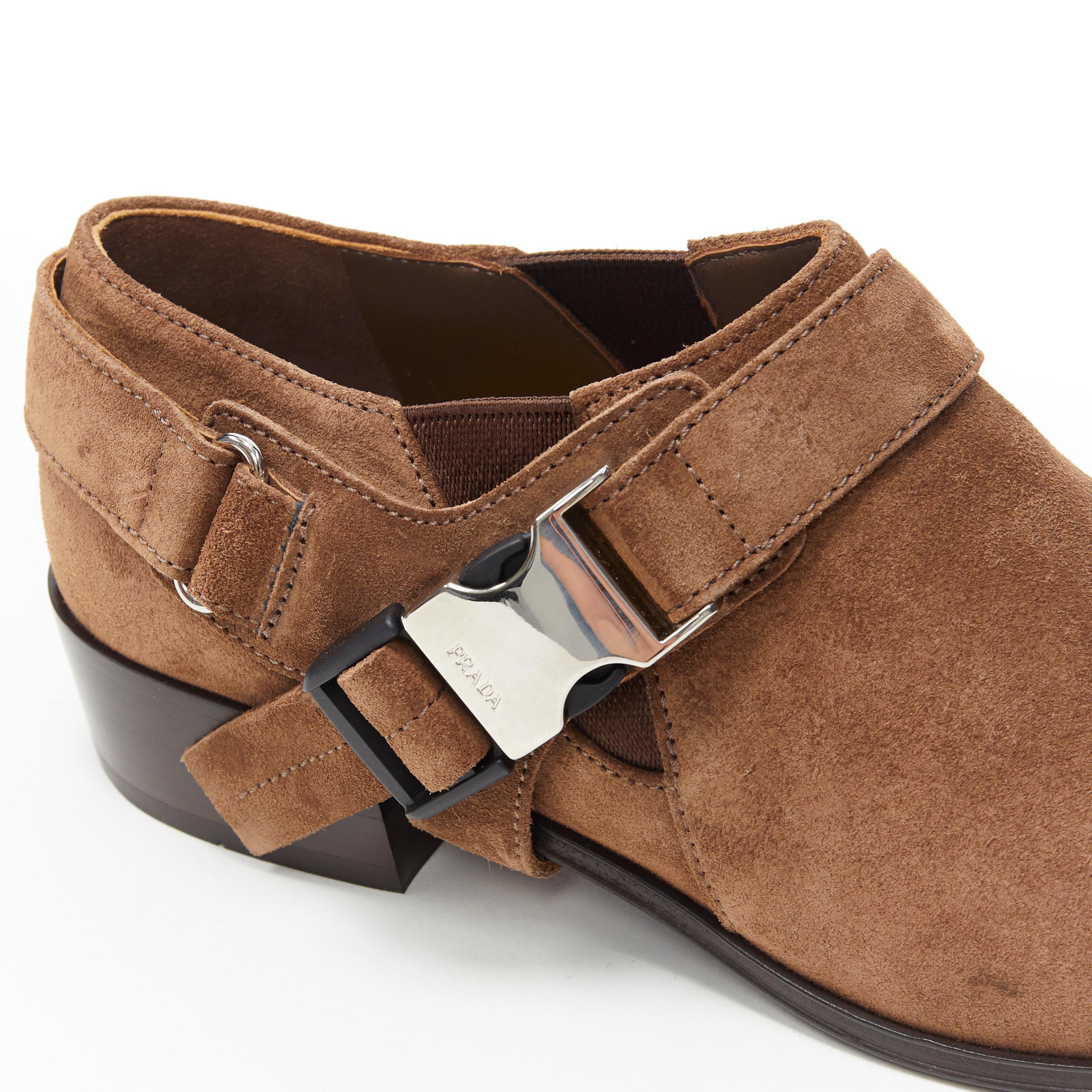 new PRADA Santiag brown suede logo buckle harness western brogue shoe EU36 3