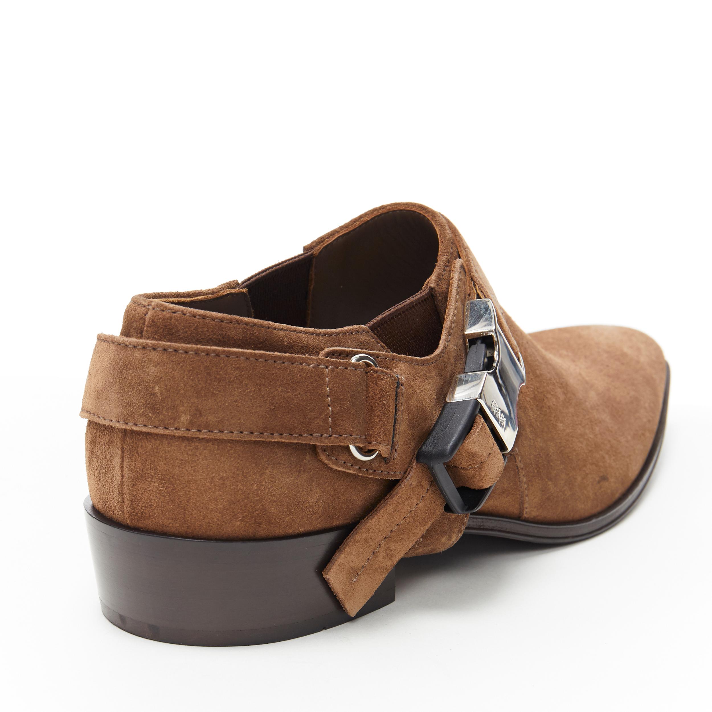 new PRADA Santiag brown suede logo buckle harness western brogue shoe EU36 4