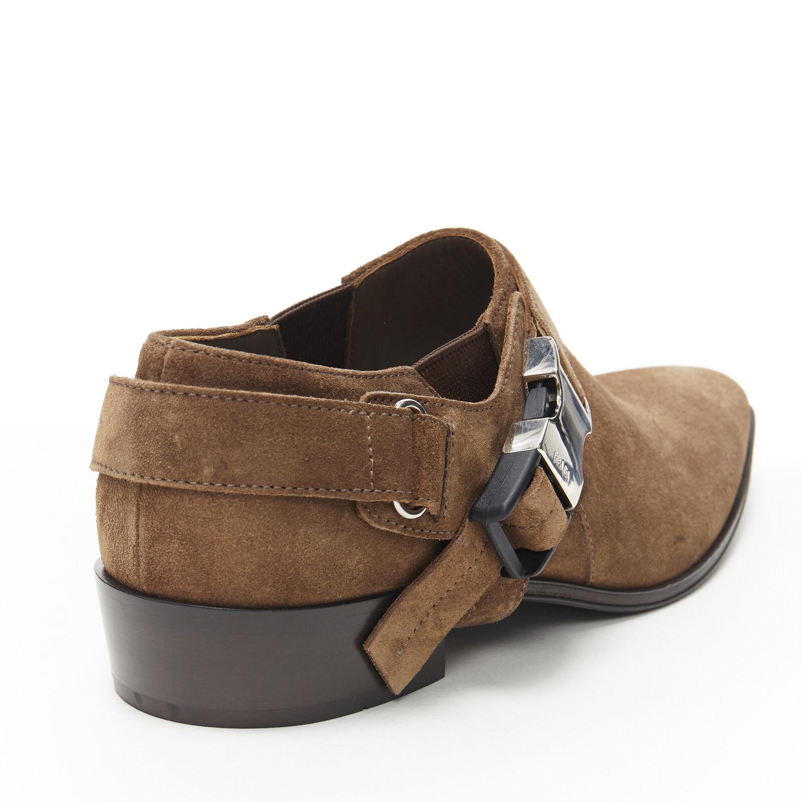 new PRADA Santiag brown suede logo buckle harness western brogue shoe EU37.5 5