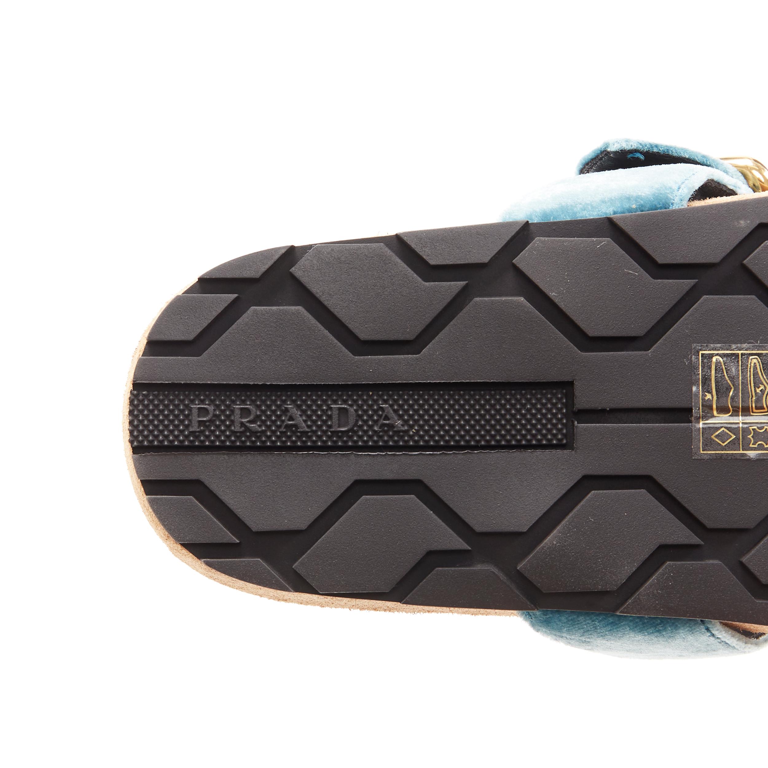 new PRADA sky blue velvet strap gold buckle slides flat sandals EU37 5