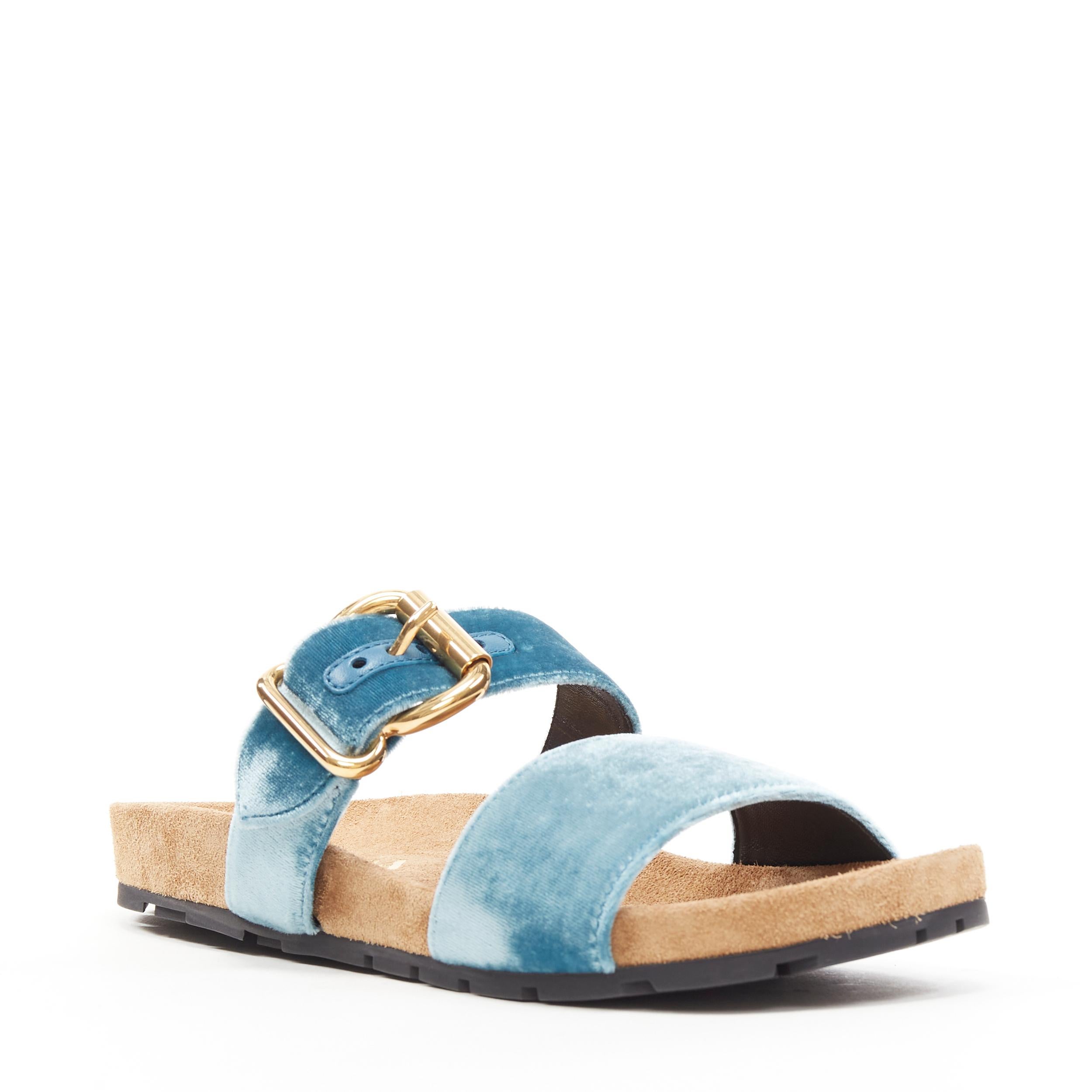 Beige new PRADA sky blue velvet strap gold buckle slides flat sandals EU37