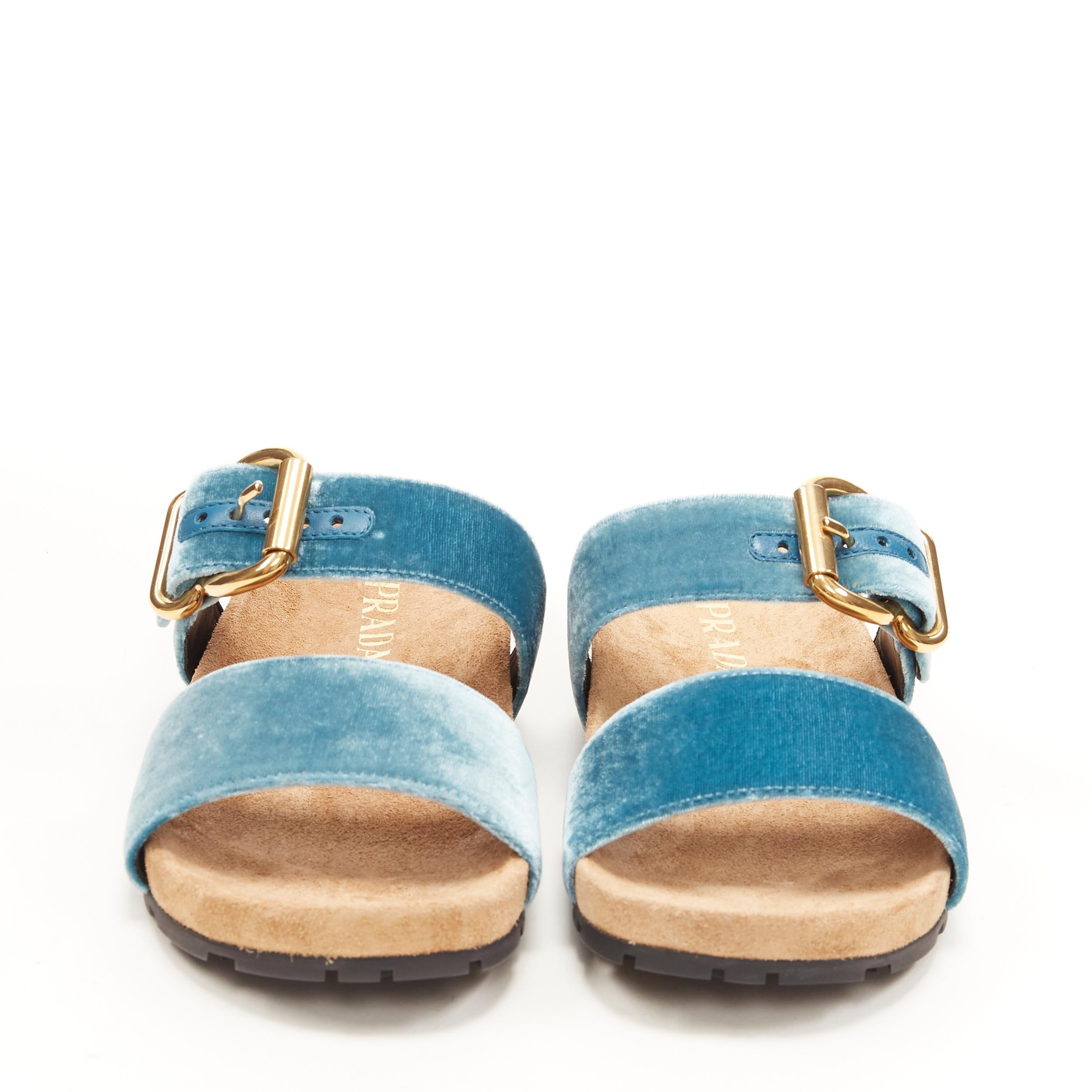 new PRADA sky blue velvet strap gold buckle slides flat sandals EU37 In New Condition In Hong Kong, NT