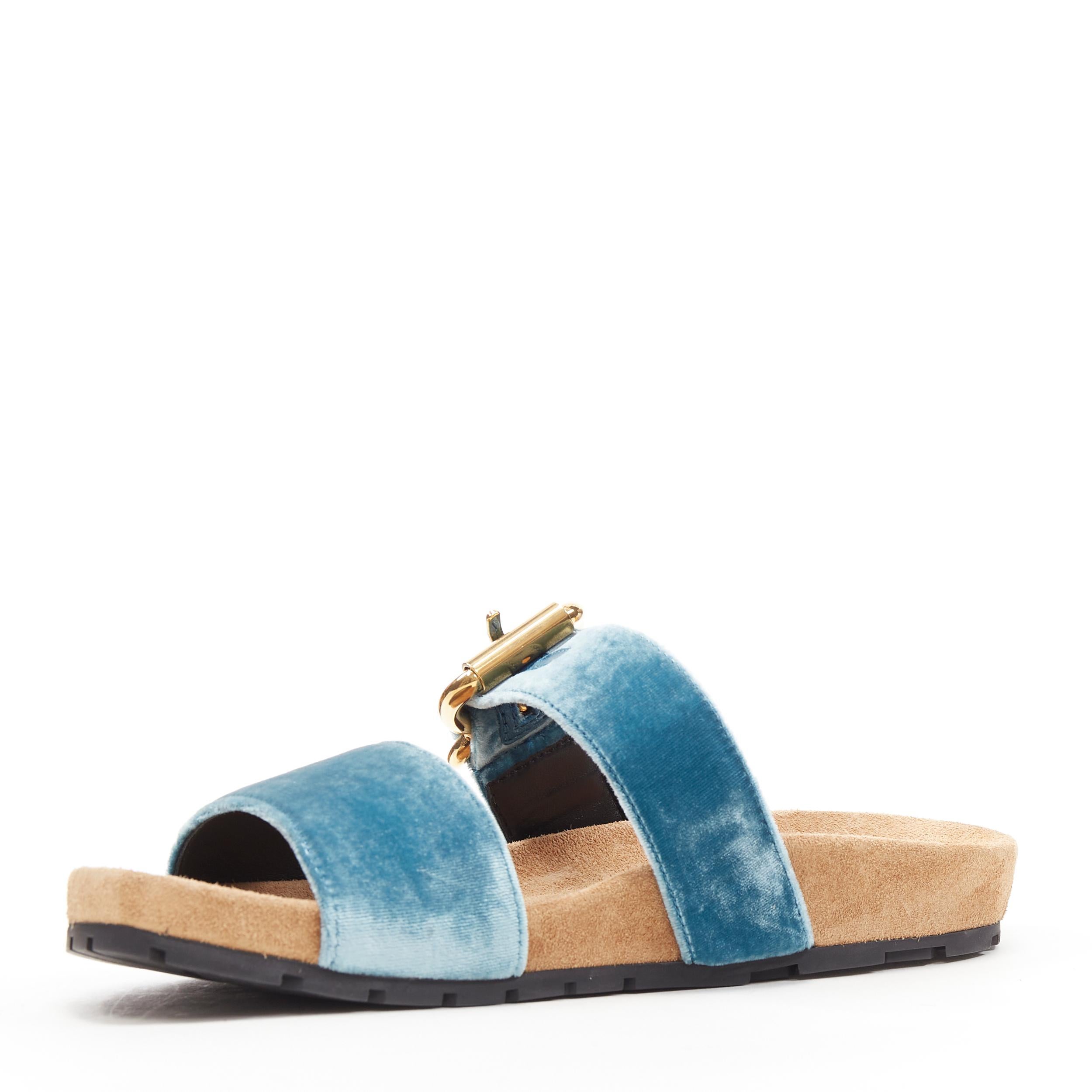 Women's new PRADA sky blue velvet strap gold buckle slides flat sandals EU37