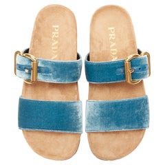 new PRADA sky blue velvet strap gold buckle slides flat sandals EU37