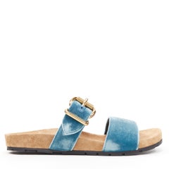 new PRADA sky blue velvet strap gold buckle slides flat sandals EU37.5
