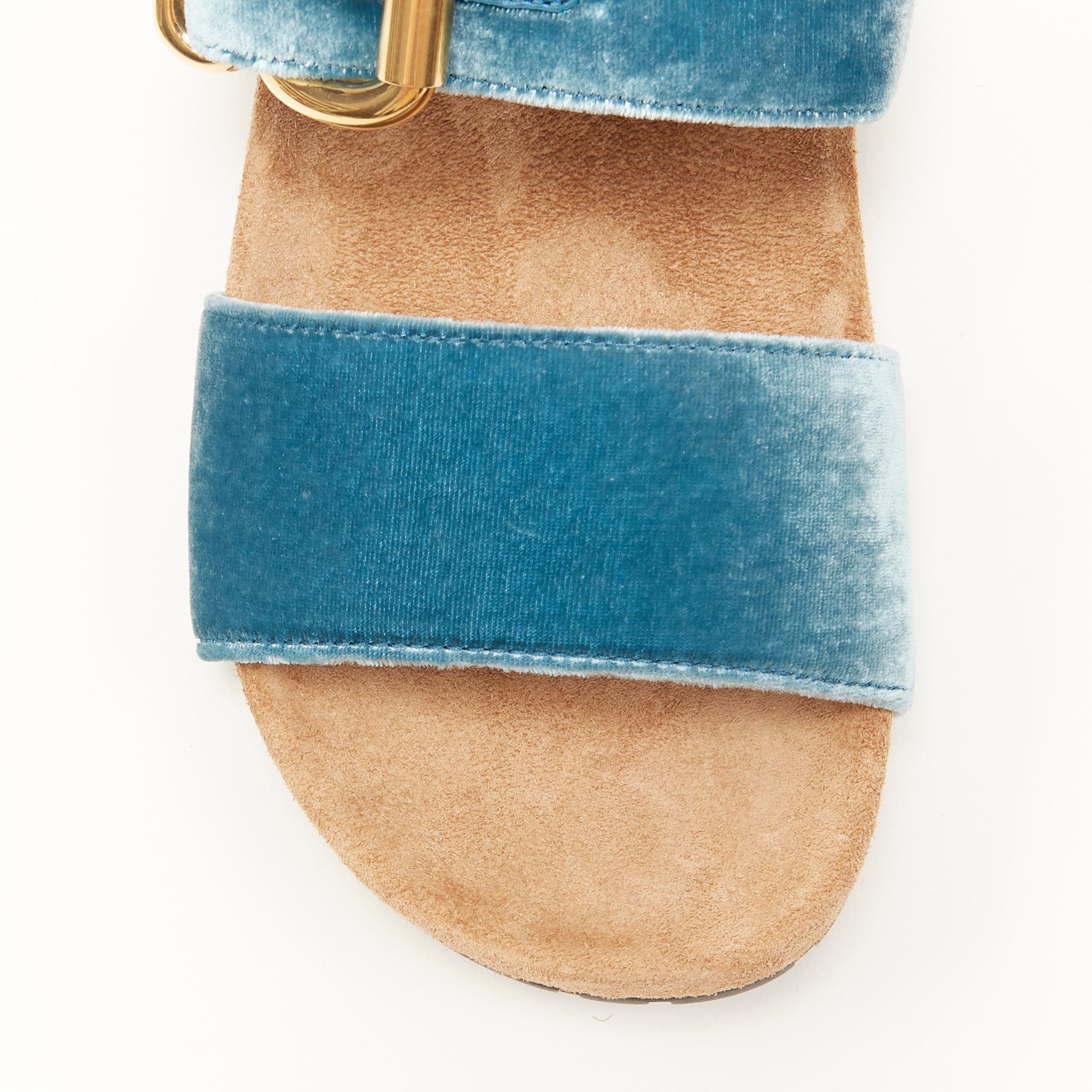 Women's new PRADA sky blue velvet strap gold buckle slides flat sandals EU37.5