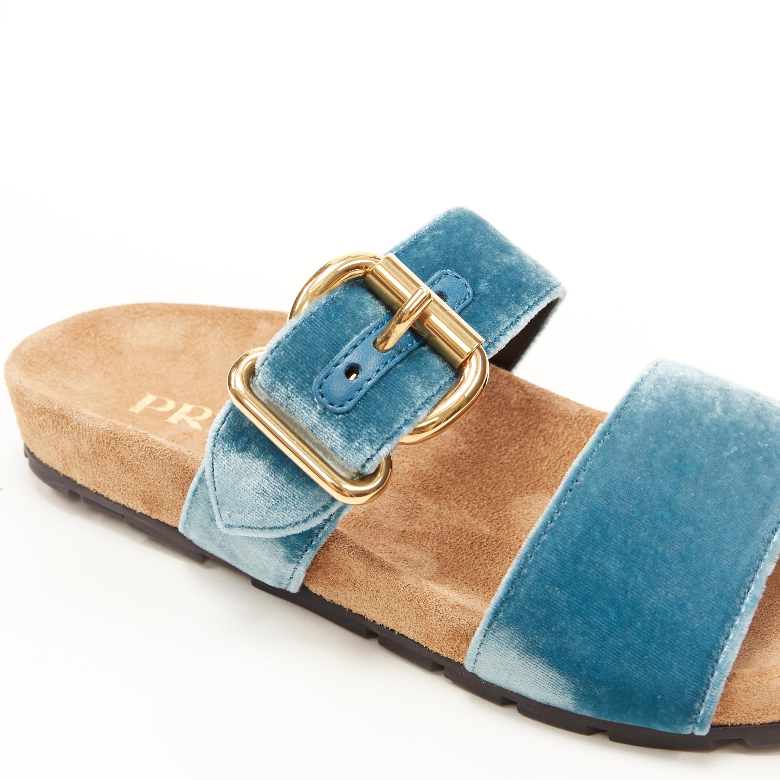 new PRADA sky blue velvet strap gold buckle slides flat sandals EU37.5 1