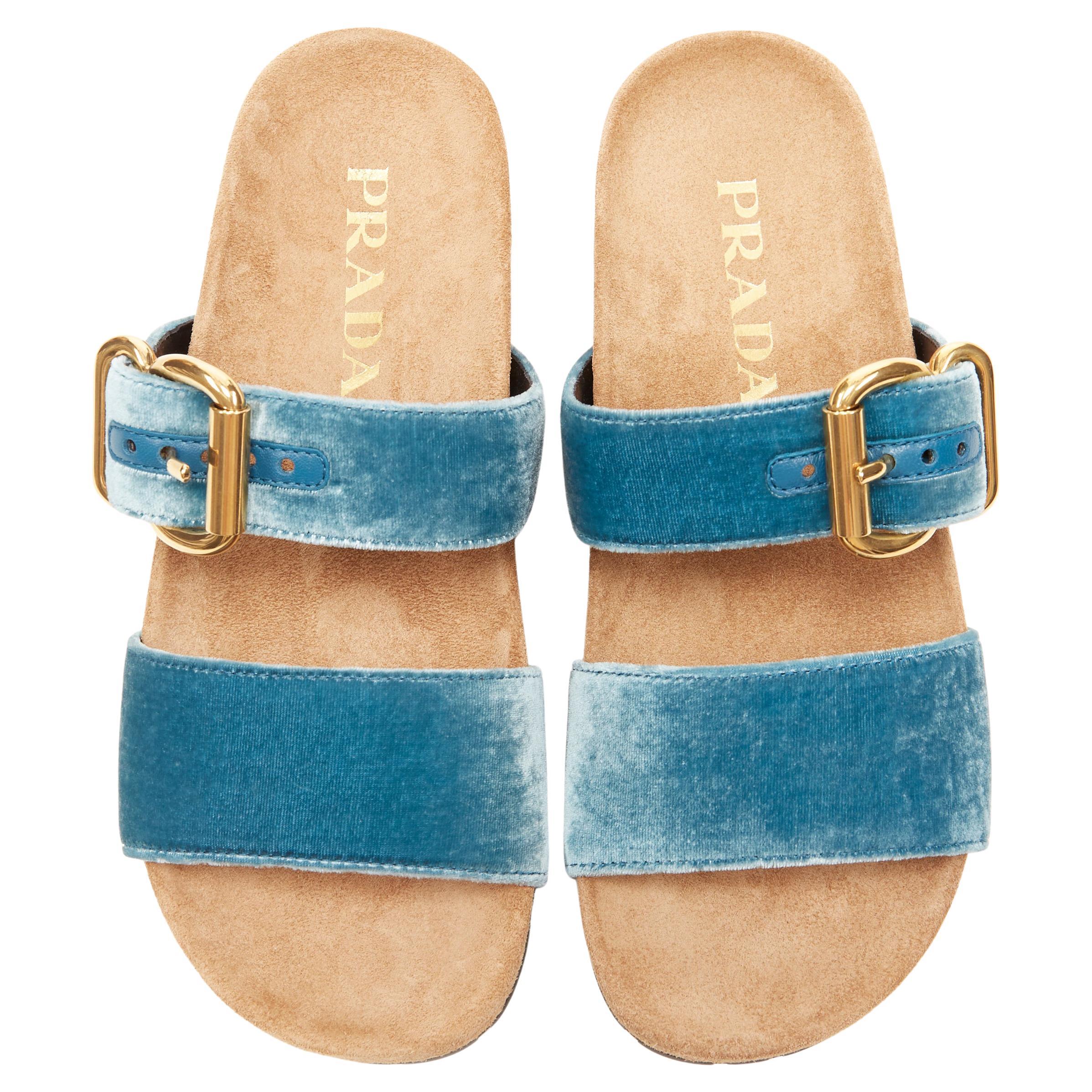 new PRADA sky blue velvet strap gold buckle slides flat sandals EU37.5