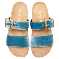 new PRADA sky blue velvet strap gold buckle slides flat sandals EU37.5