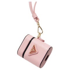 Used new PRADA Symbole Triangle logo saffiano leather AirPods lanyard bag pink red